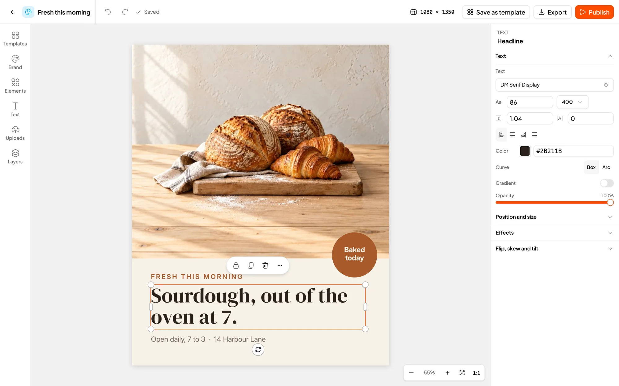 Creator's design editor with a bakery post selected, its typography in the inspector