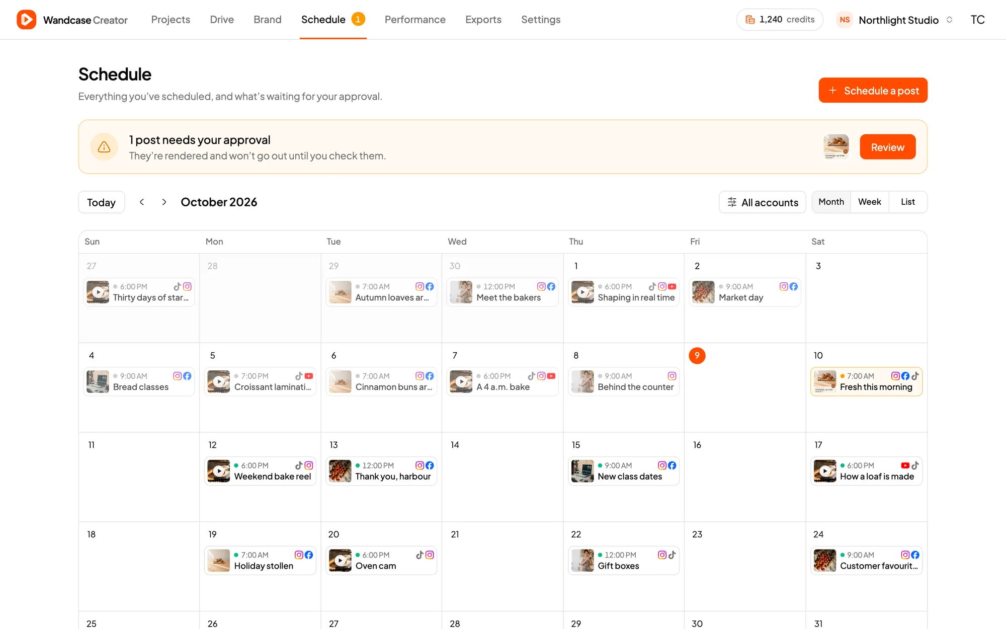 Creator's schedule: a month calendar of posts across accounts, with one waiting for approval