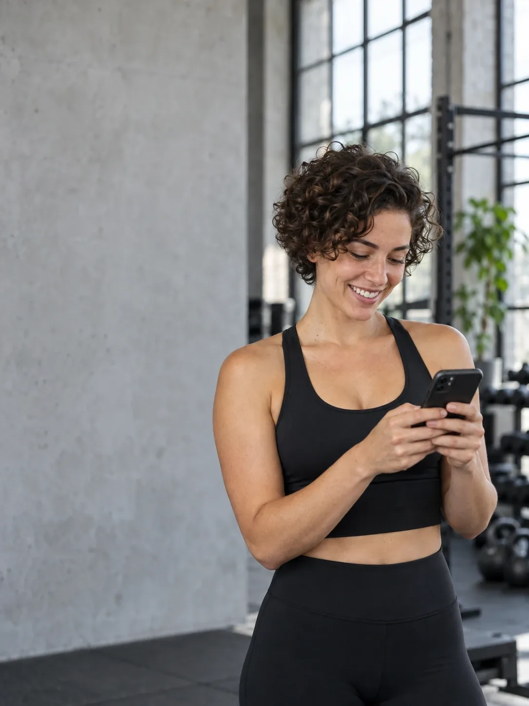 A fitness studio owner smiling at her phone in a concrete loft gym