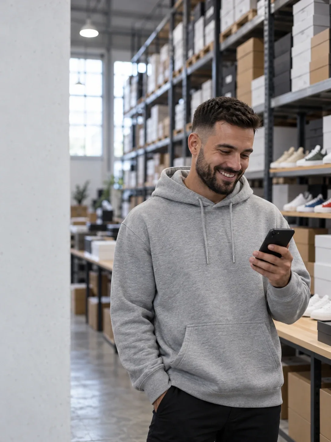 An online sneaker store founder smiling at his phone in a stockroom with tall racks of shoeboxes
