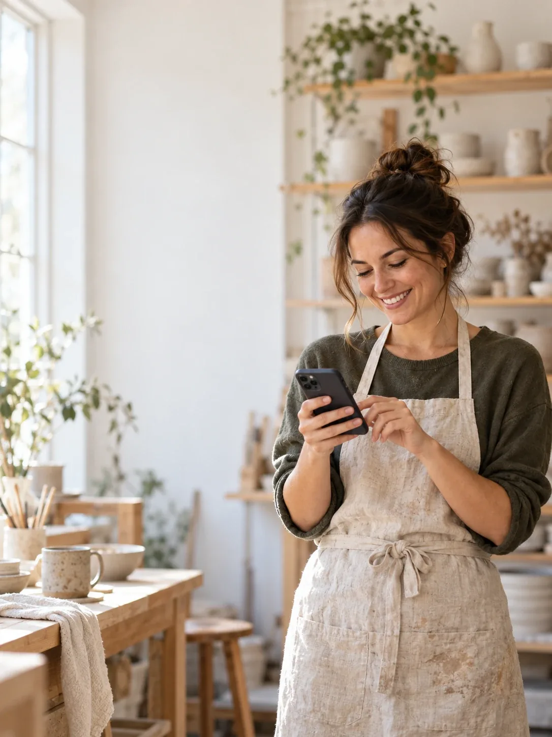 A ceramics studio owner smiling at her phone in her workshop
